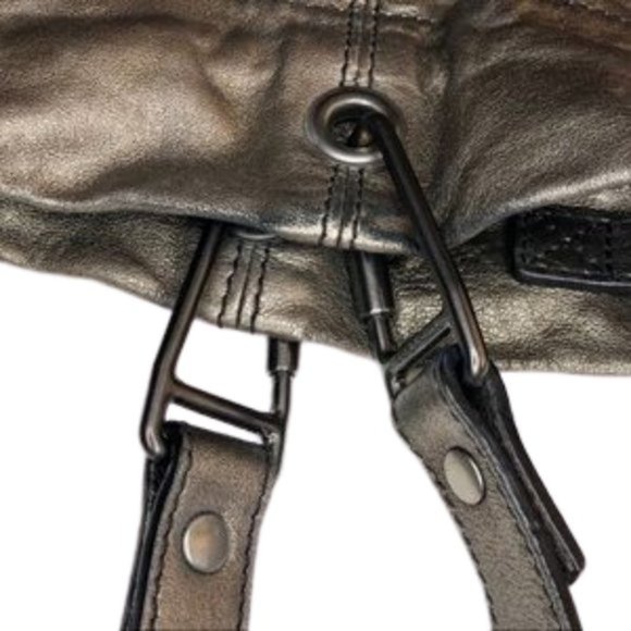 Burberry Dark Nickel Metallic Leather Drawstring Tote with Metal Accents - Picture 9 of 16